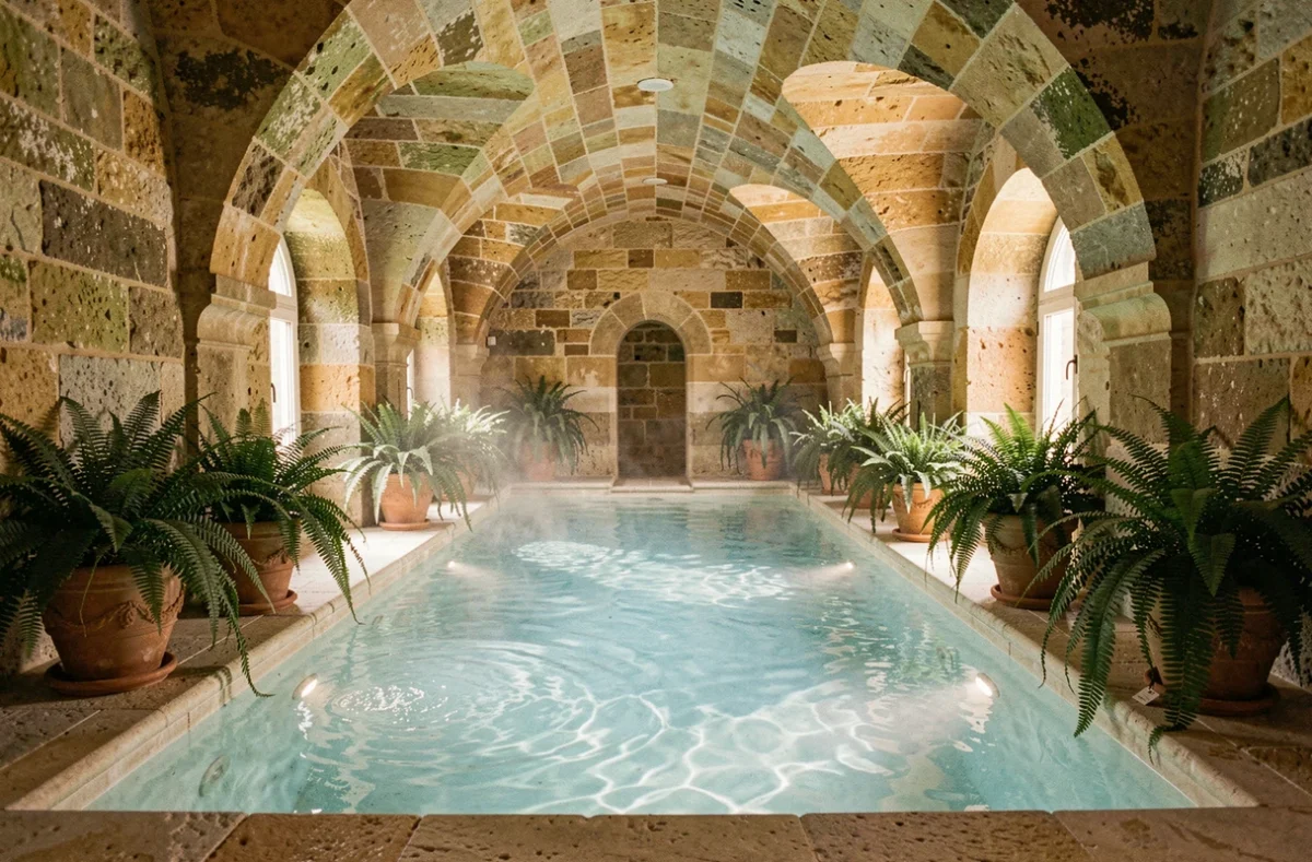 Piscine intérieure sous voûtes en pierre du spa du Château La Borde en Sologne