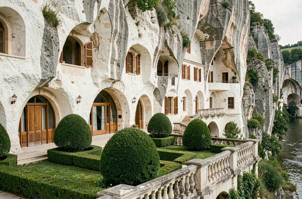 Façade troglodyte taillée dans la falaise de tuffeau blanc de l'hôtel Les Hautes Roches à Rochecorbon