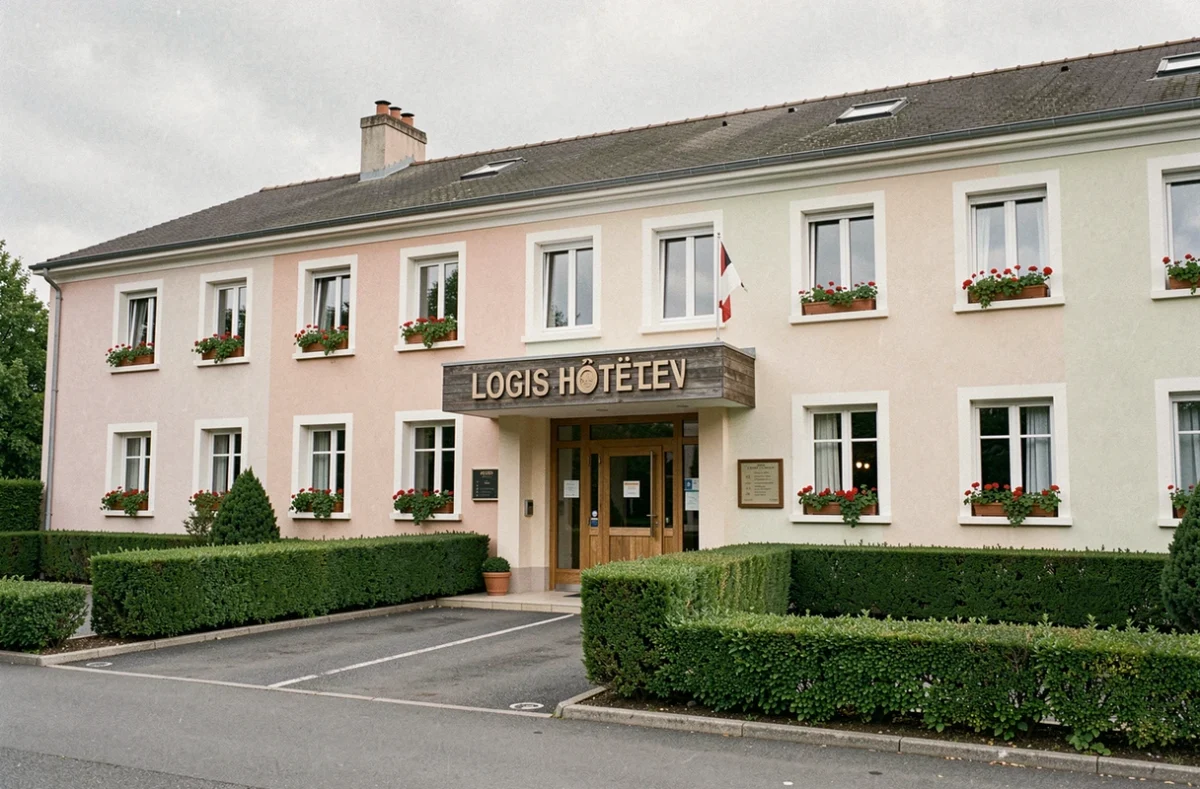 Devanture du Logis Hôtel Beaudon à Compiègne, avec jardinières de géraniums et enseigne traditionnelle