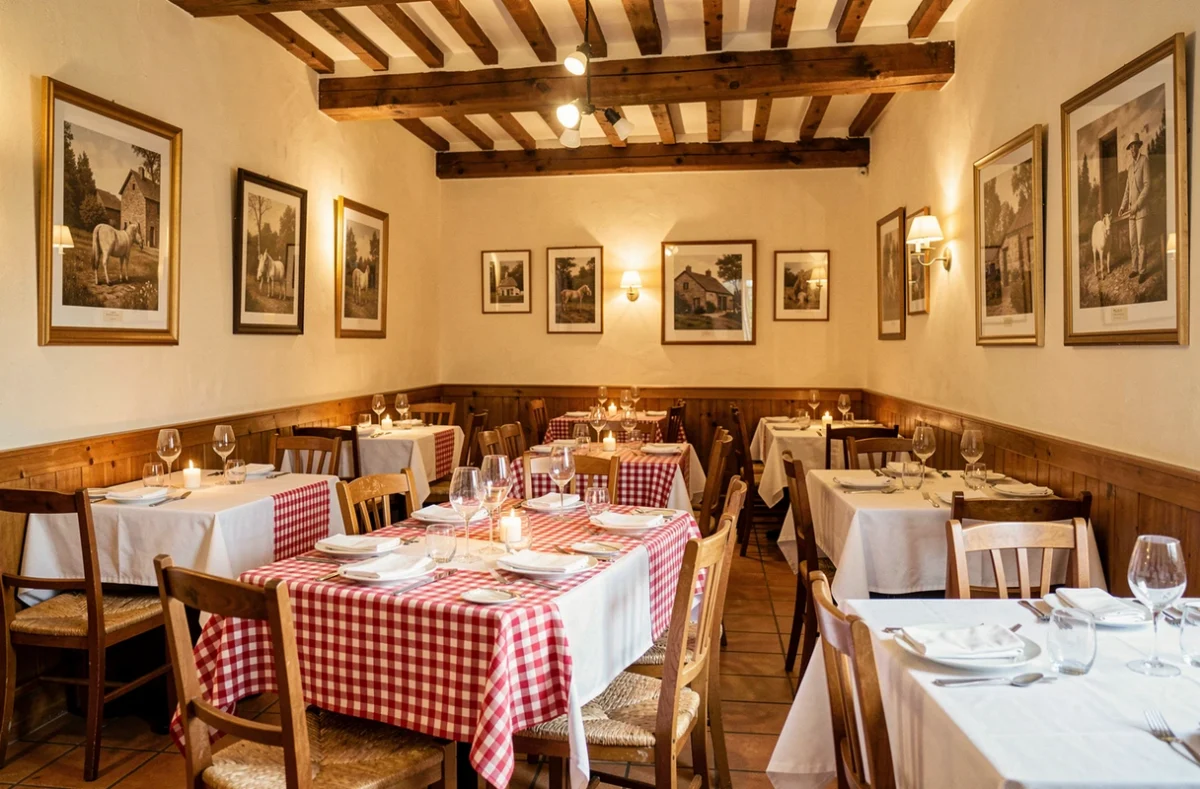 Salle de restaurant du Logis Hôtel le Petit Bellon, décor rustique avec tables en bois et poutres apparentes