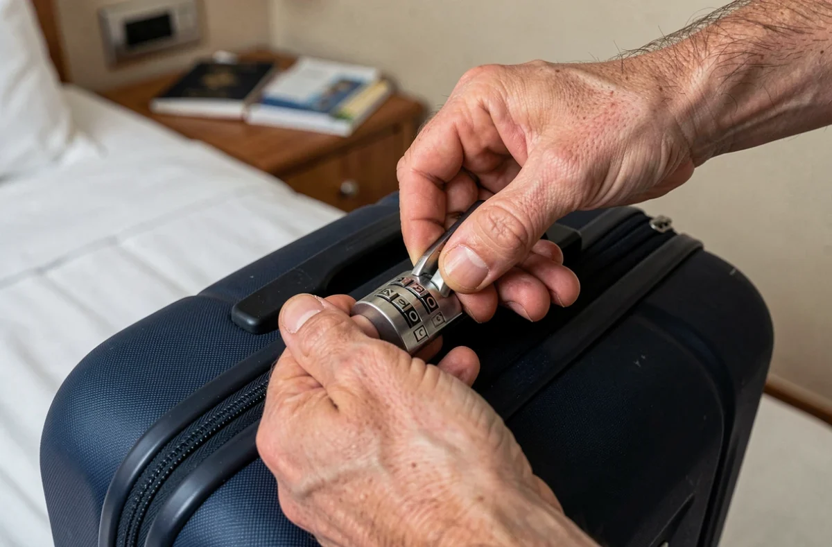 Gros plan sur des mains masculines tentant de retrouver le code d'un cadenas de valise dans une chambre d'hôtel