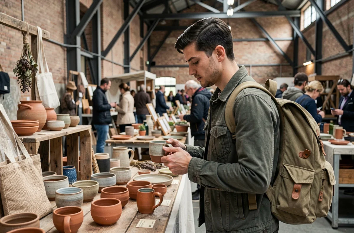 Jeune homme explorant un marché artisanal zéro déchet dans un hall industriel rénové à Lyon