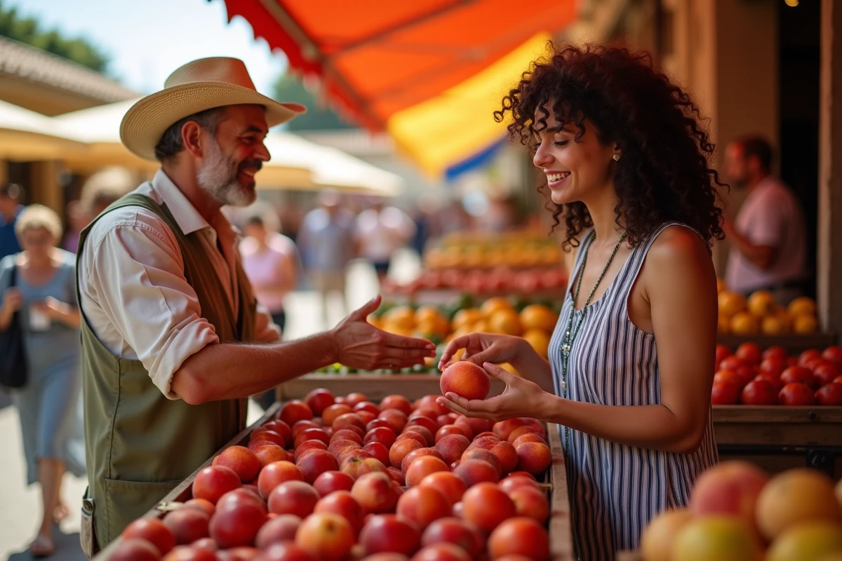 Marché provençal animé avec une femme choisissant des fruits frais auprès d'un vendeur sous des auvents colorés