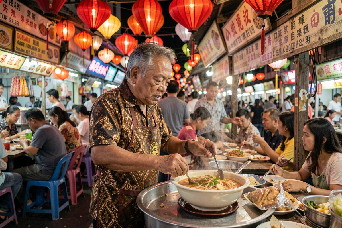 Vendeur de street food malaisien préparant un laksa au marché nocturne de Jalan Alor à Kuala Lumpur