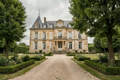 Vue d'ensemble d'un élégant hôtel de charme dans l'Oise, entouré de jardins soignés et d'arbres centenaires