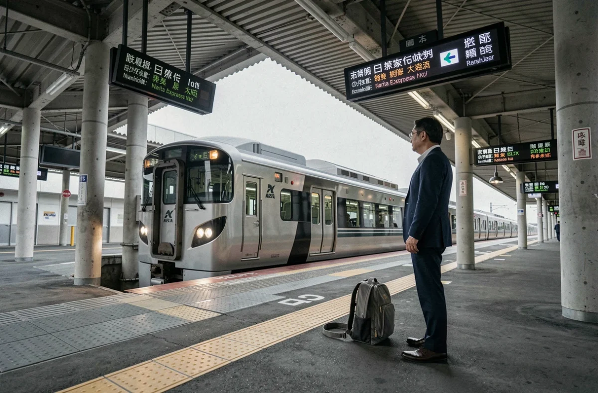 Passager attendant le Narita Express NEX sur le quai de l'aéroport de Narita pour un trajet économique vers Tokyo
