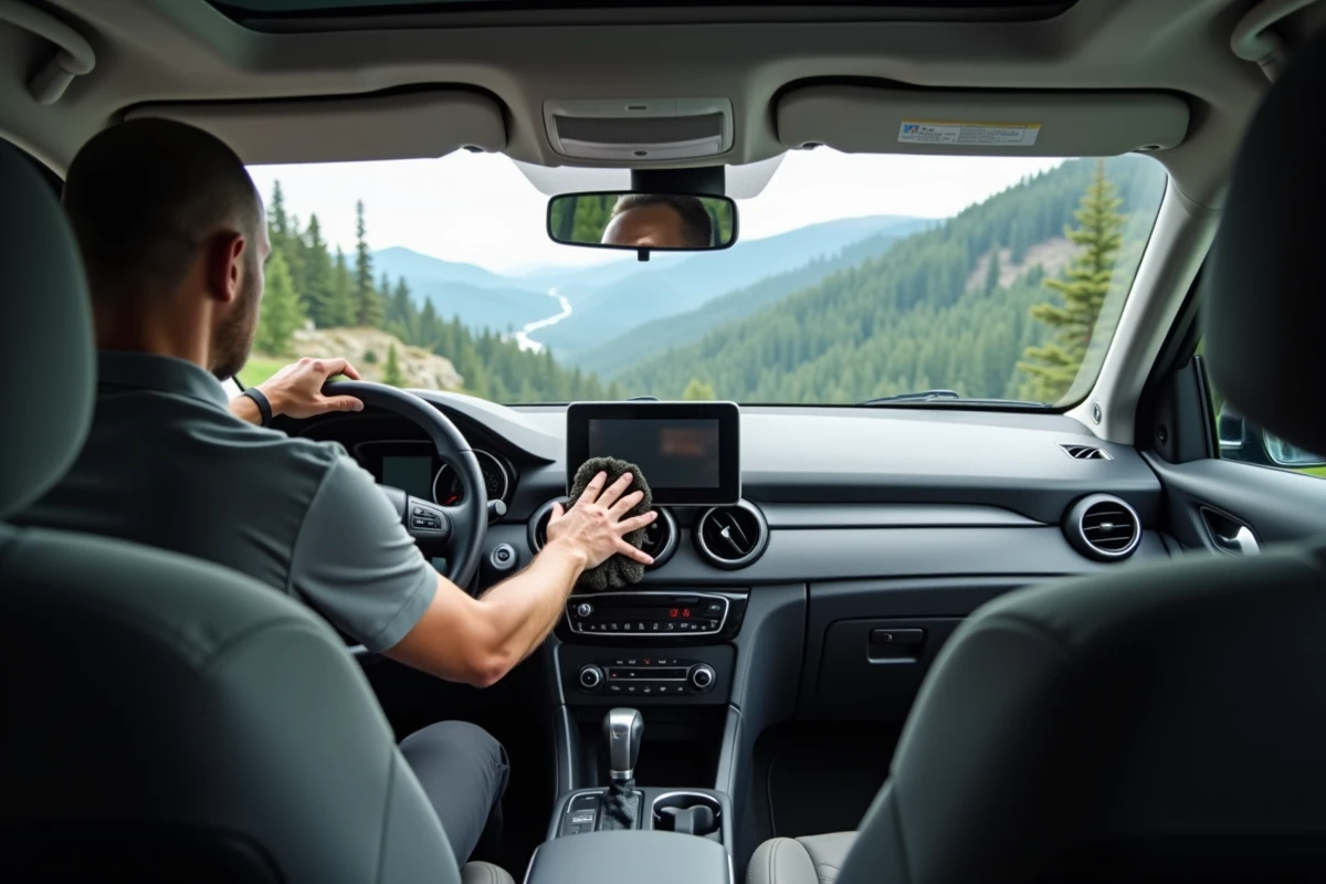 Nettoyage de l'intérieur d'une voiture en road trip avec vue sur un paysage de montagne