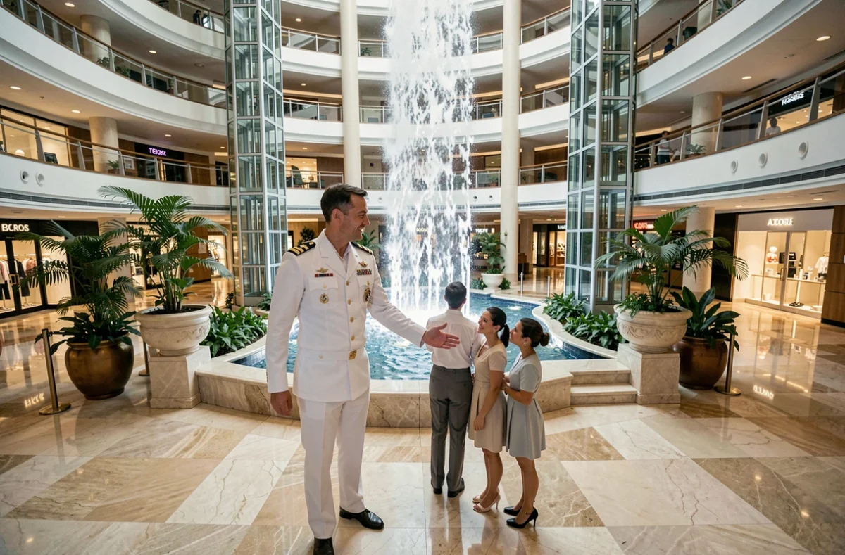 Officier de bord en uniforme blanc guidant des passagers dans l'immense atrium intérieur d'un grand paquebot de croisière moderne