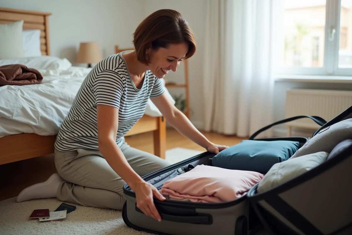 Femme organisant les bagages famille dans une valise avec des cubes de rangement colorés