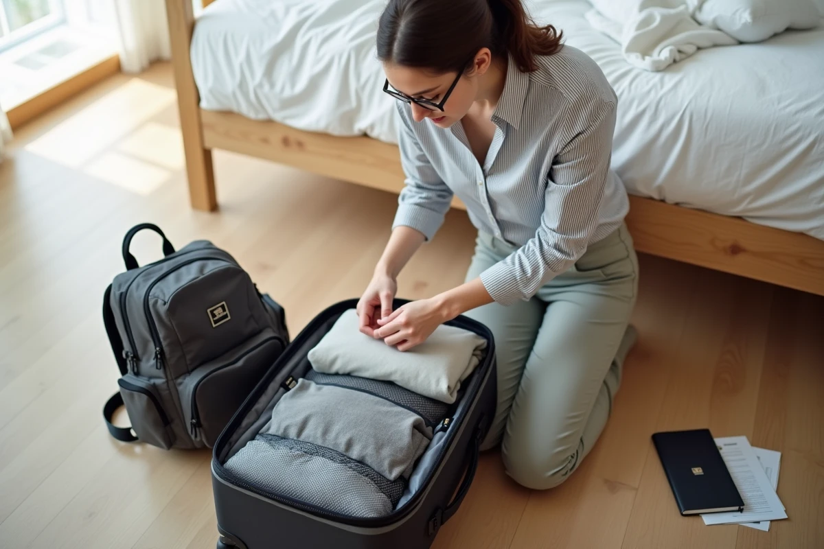 Jeune femme organisant ses bagages avec une valise cabine et un sac à dos avant un voyage en avion