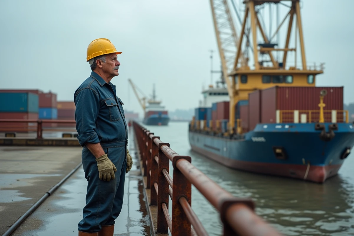 Ouvrier portuaire expérimenté surveillant une opération de chargement de conteneurs sur un quai de port fluvial industriel
