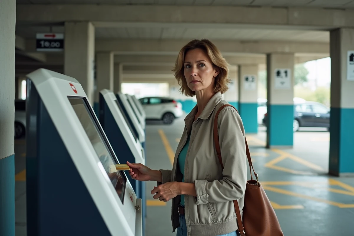 Femme payant au distributeur automatique du parking P5 de l'aéroport Toulouse Blagnac