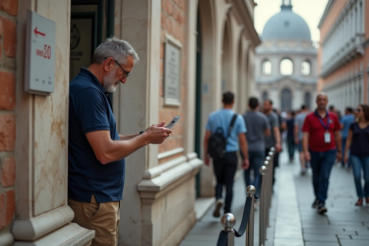 Touriste lisant un panneau d'information sur les conditions d'entrée à la basilique Saint-Marc de Venise