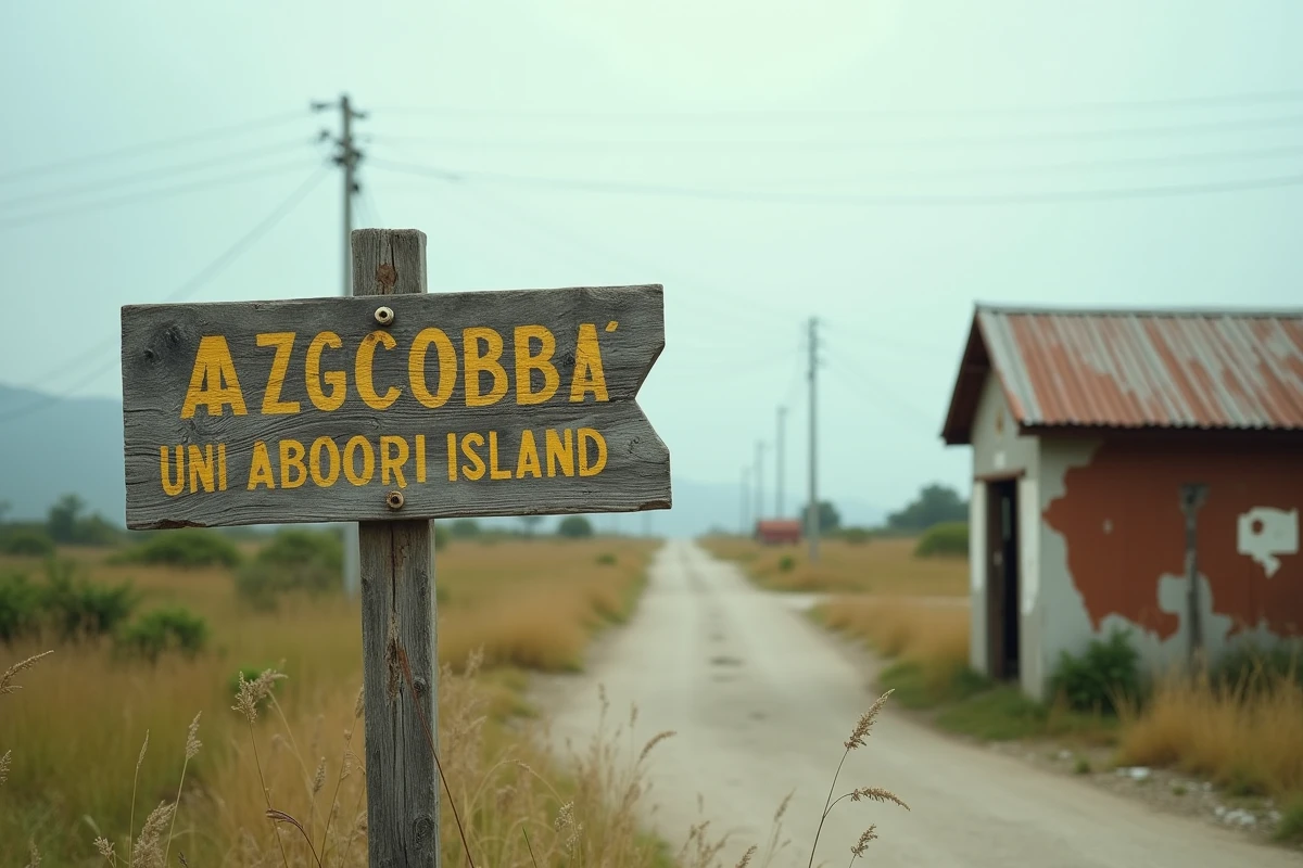 Panneau indicateur vieilli à un point d'entrée isolé d'un pays rarement visité, atmosphère abandonnée et lointaine