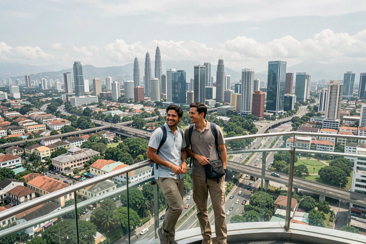 Couple de voyageurs admirant le panorama de la skyline de Kuala Lumpur depuis un gratte-ciel en Malaisie