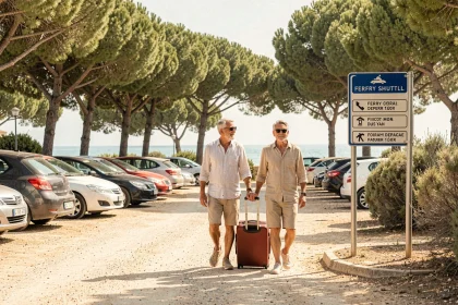 Couple garant leur voiture dans un parking relais près du ferry pour Porquerolles avec des bagages d'été