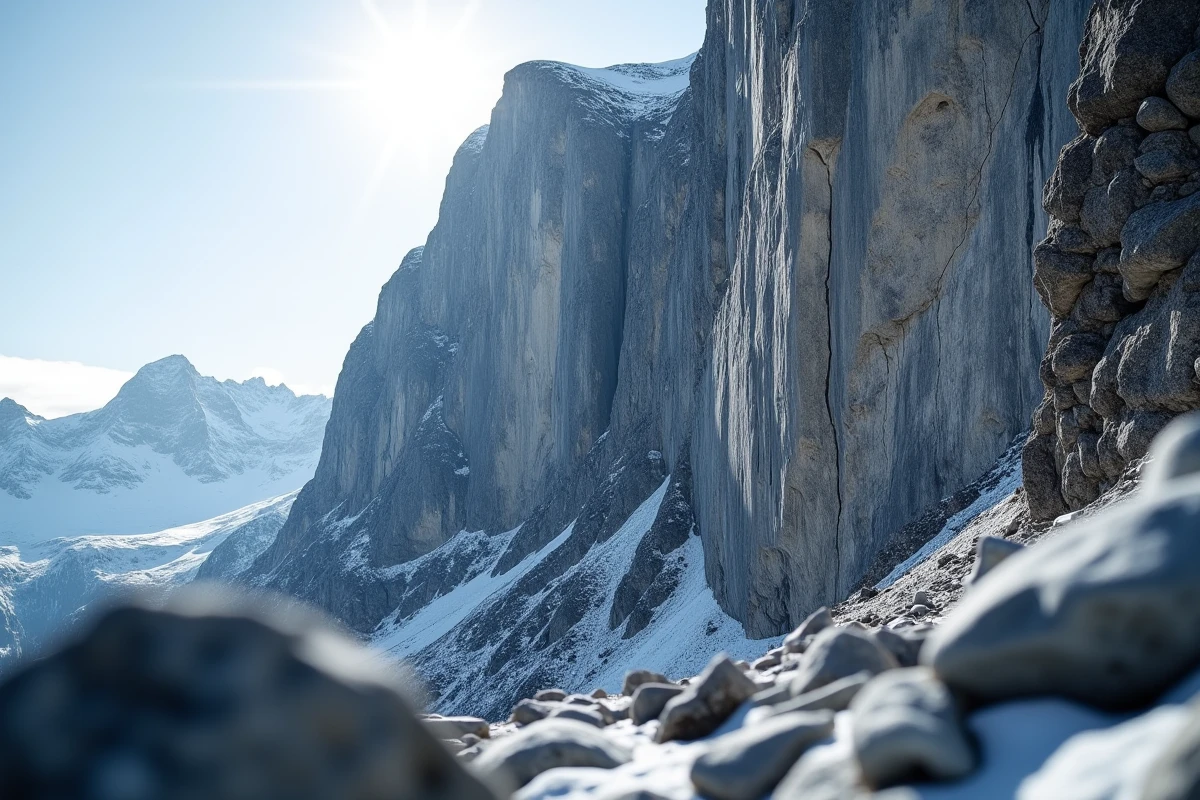 Face rocheuse verticale et glacée d'un sommet alpin difficile, paroi de granite couverte de verglas