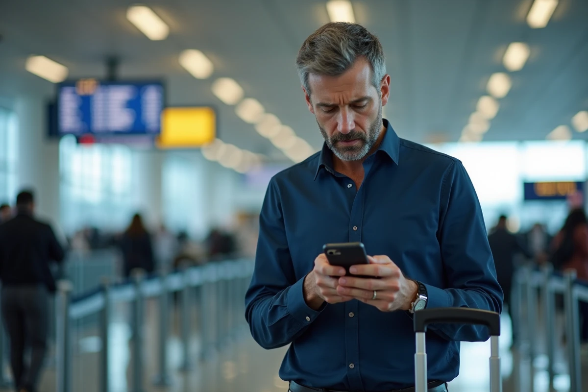 Passager consultant l'application Ryanair sur son smartphone dans un terminal d'aéroport pour modifier son vol