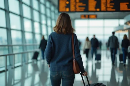 Passagère Transavia avec valise cabine dans un terminal d'aéroport moderne avant un vol low-cost