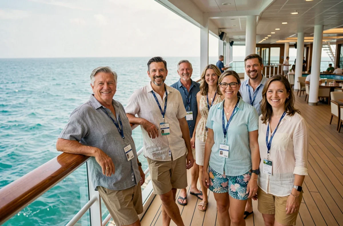 Groupe de passagers souriants en tenue estivale sur le pont extérieur d'un paquebot de croisière avec vue sur l'océan turquoise
