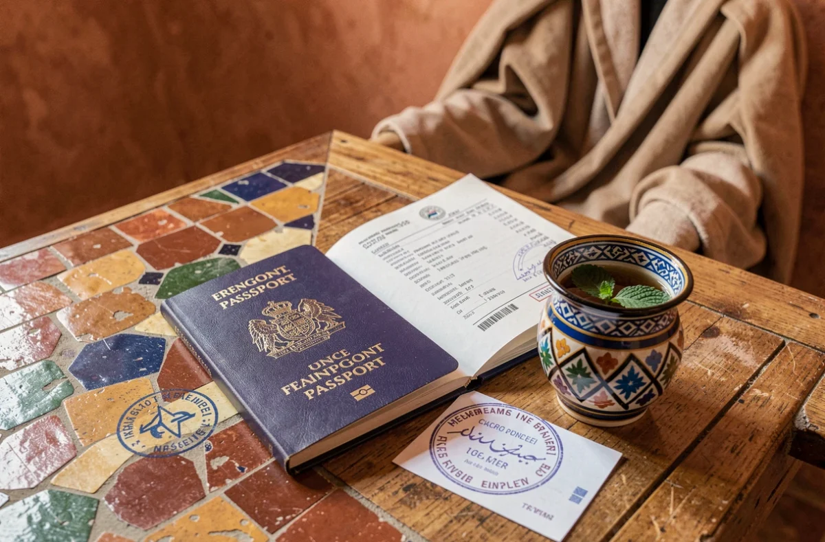 Passeport d'urgence français avec tampon d'entrée marocain et billet d'avion sur une table au Maroc