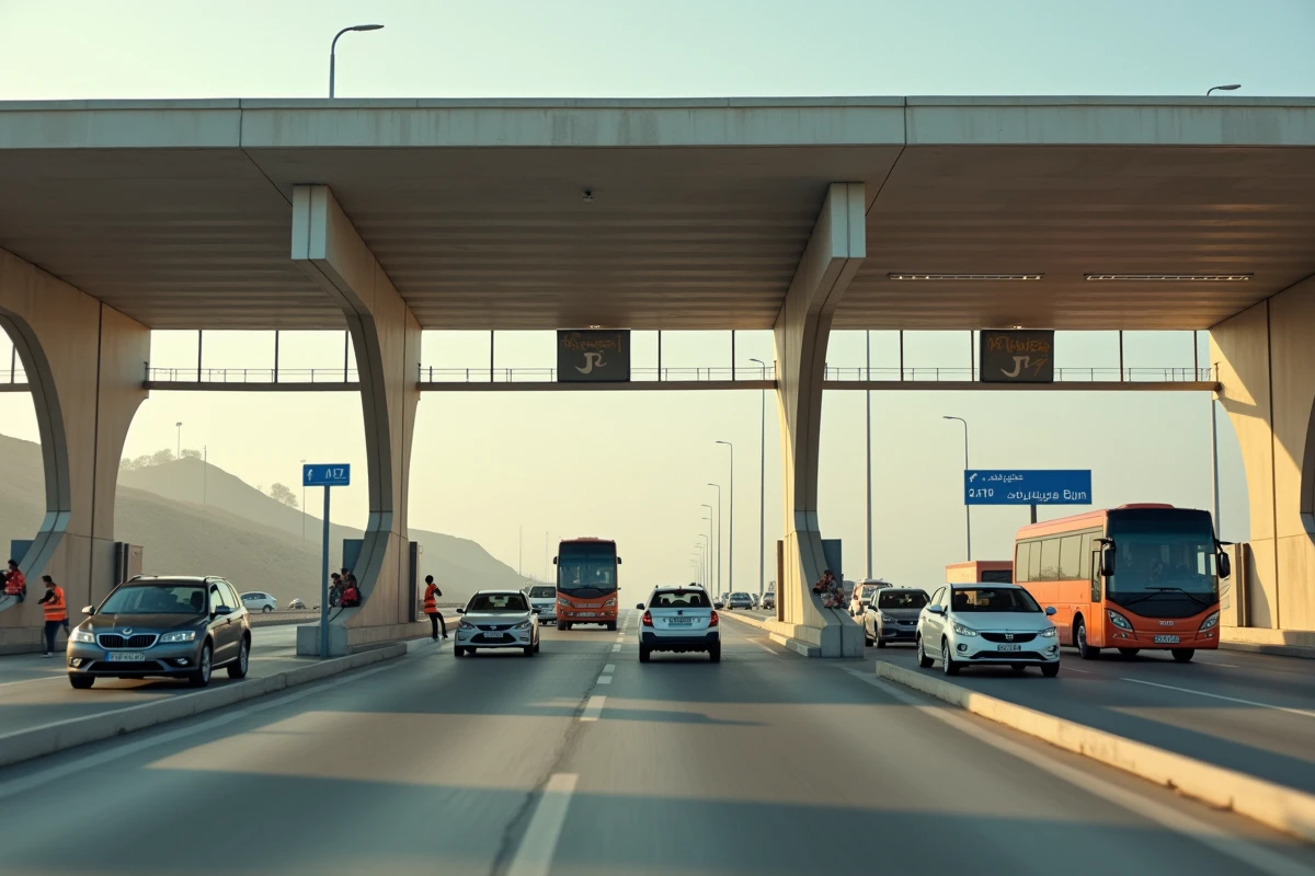 Péage autoroutier entre Monastir et Tunis avec véhicules en file d'attente