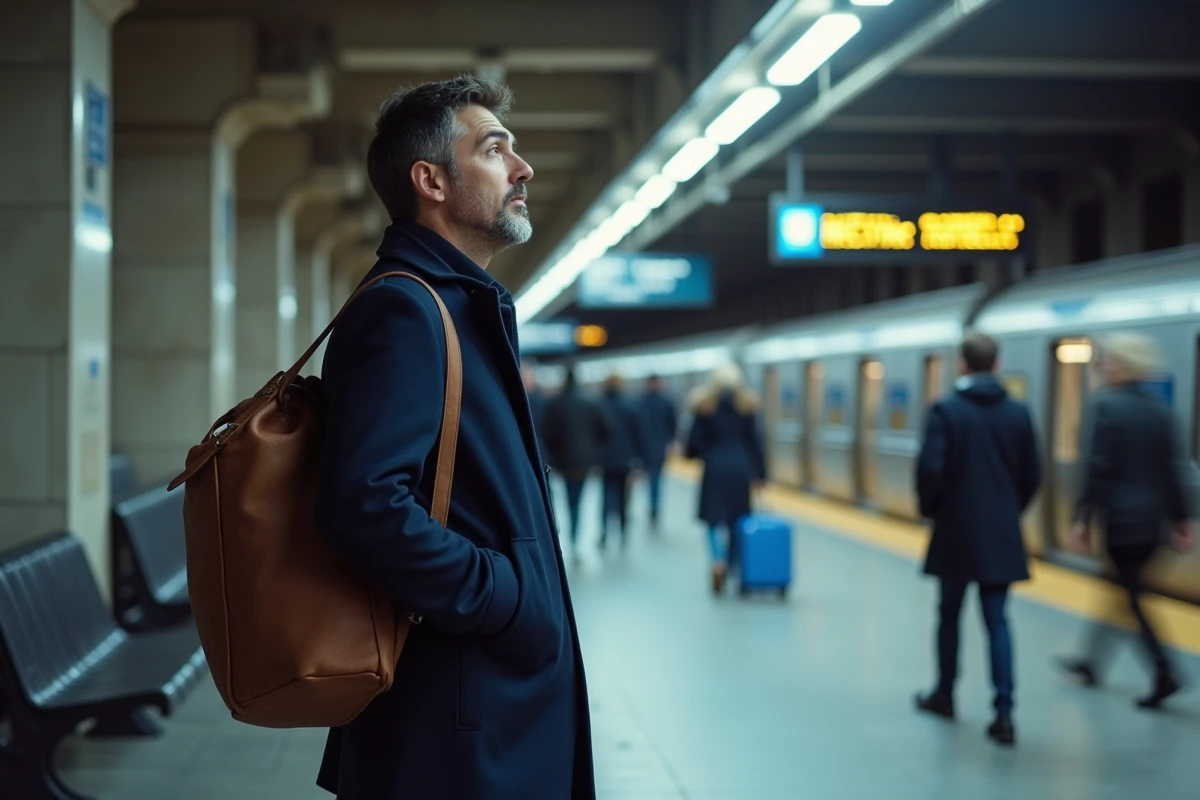 Homme en manteau marine avec un sac de voyage consultant le tableau des départs à Penn Station New York avant un trajet vers Boston