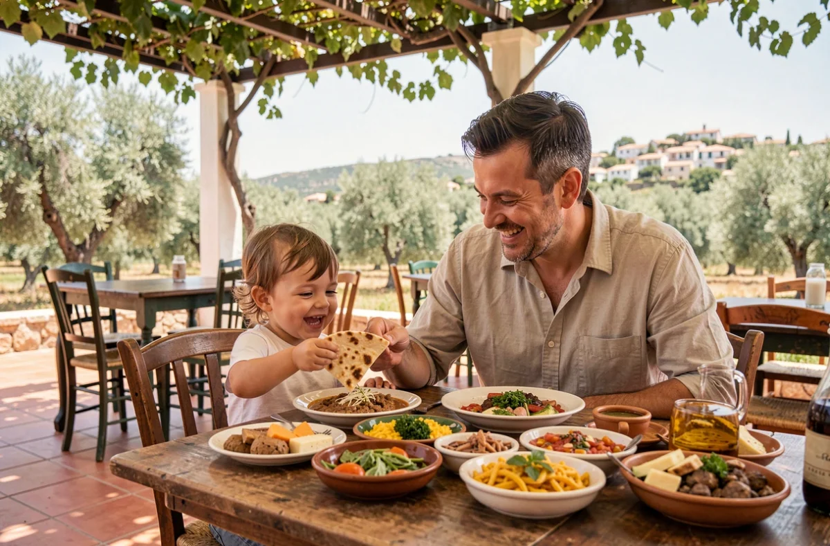 Père et sa petite fille partageant un repas traditionnel grec dans une taverne en terrasse en Crète