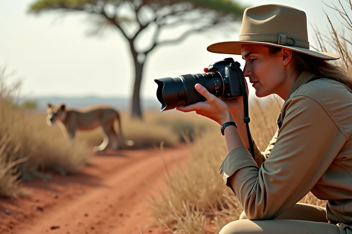 Photographe animalière observant des lions en safari au Kenya