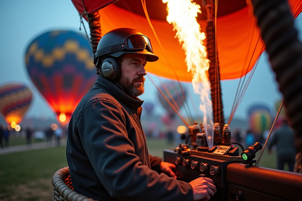 Pilote de montgolfière concentré manœuvrant le brûleur à l'intérieur de la nacelle lors d'un festival aérostatique