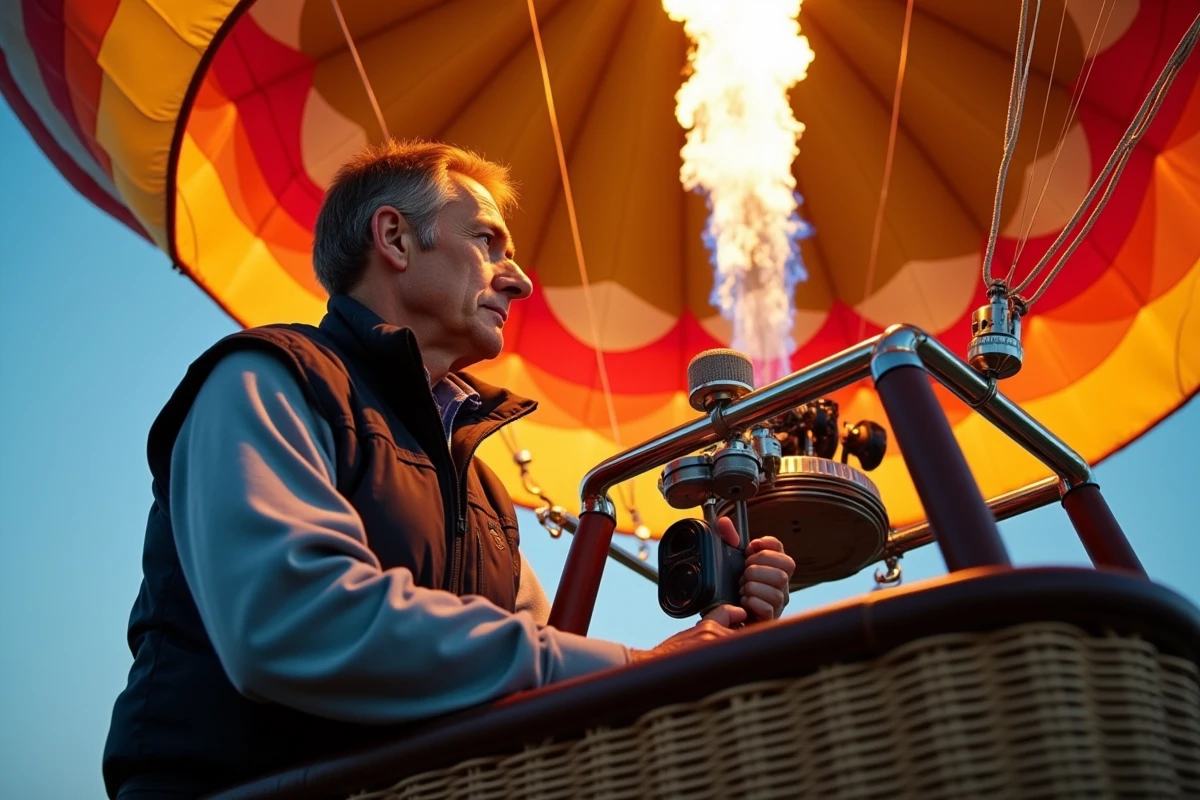 Pilote de montgolfière actionnant le brûleur dans la nacelle avec flamme visible et enveloppe colorée en arrière-plan