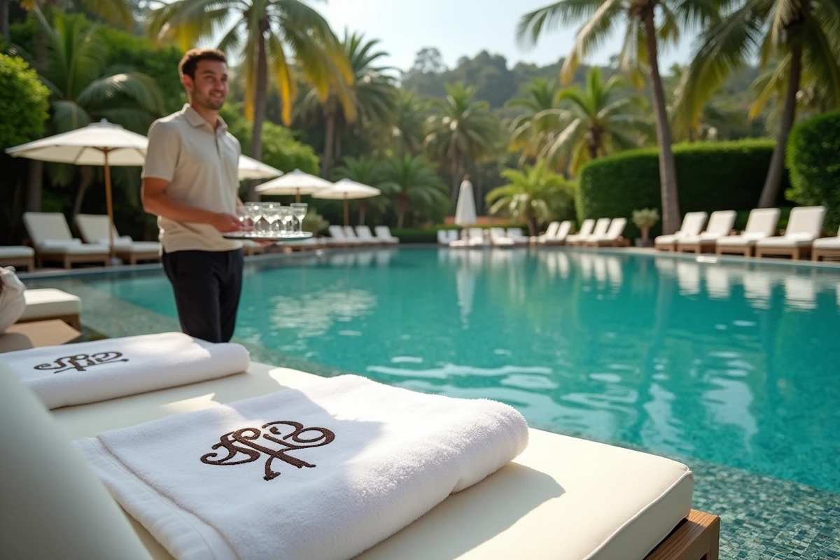 Piscine extérieure d'un hôtel de luxe avec transats blancs, jardin tropical et service aux clients au bord de l'eau