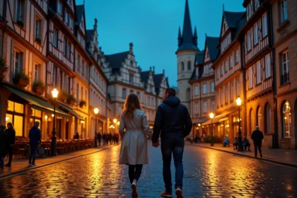 Couple se promenant Place des Jacobins au Mans au crépuscule, façades médiévales illuminées et pavés mouillés reflétant les lumières du soir