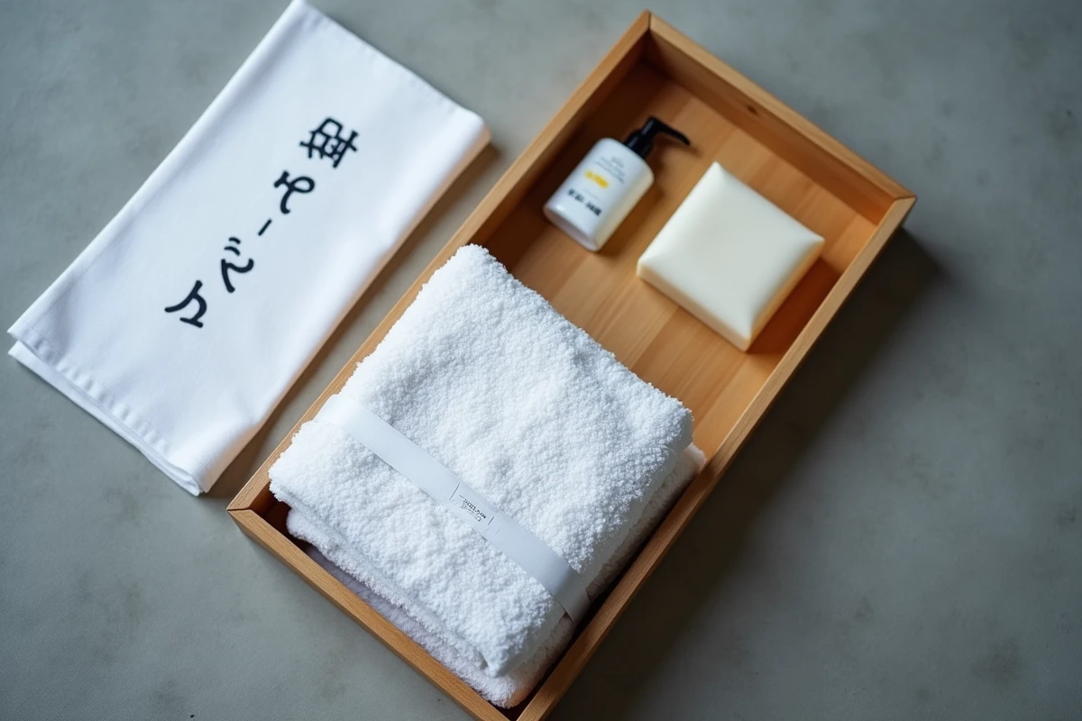 Plateau d'amenités avec serviettes pliées et articles de toilette fournis dans un hôtel capsule japonais