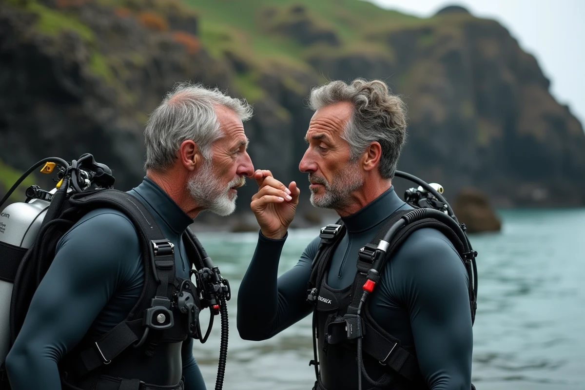 Deux plongeurs sur un rivage rocheux demonstrant la technique de la salive pour préparer un masque de plongée