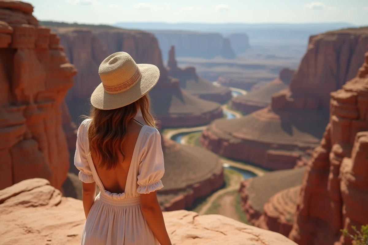 Femme voyageuse contemplant un grand canyon aux formations rocheuses colorées depuis un belvédère naturel