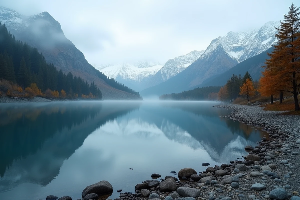 Reflet de montagnes enneigées dans un lac glaciaire en Patagonie entouré de forêt automnale