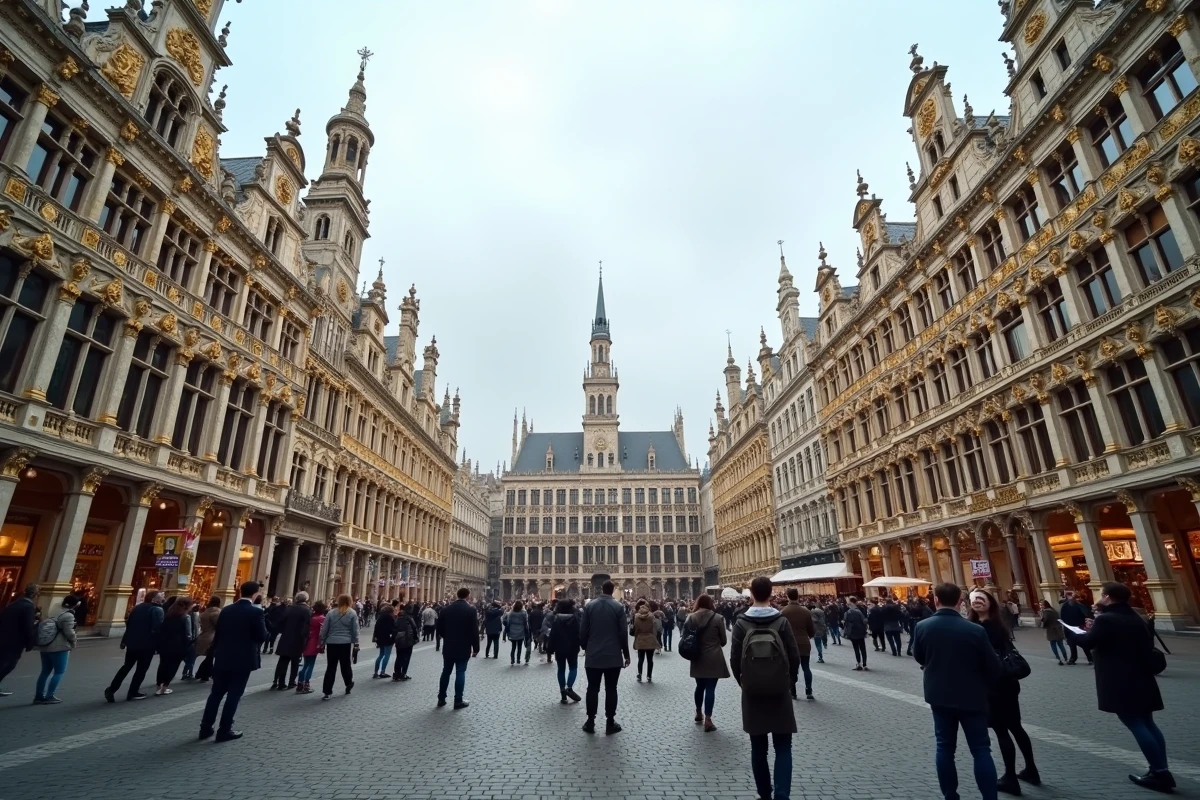 Vue grand angle de la Grand-Place de Bruxelles avec ses façades baroques dorées et ses pavés historiques entourés de touristes