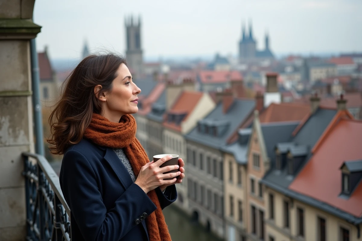 Femme belge contemplant les toits et les flèches gothiques de Gand depuis un balcon en fer forgé avec café à la main