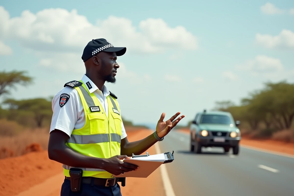 Agent de la circulation kényan en uniforme dirigeant la circulation à un point de contrôle routier en zone rurale