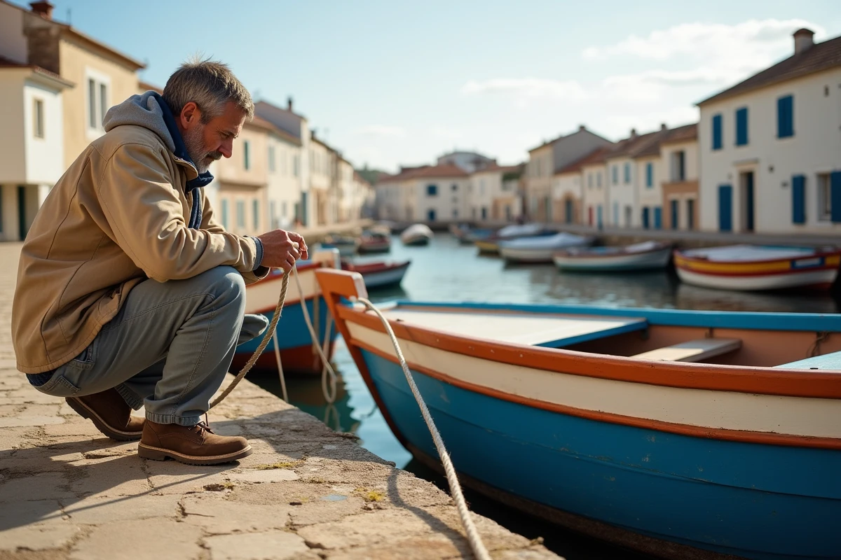 Pêcheur inspectant son bateau dans le petit port de Village Leucate avec ses maisons blanches et ses barques colorées traditionnelles