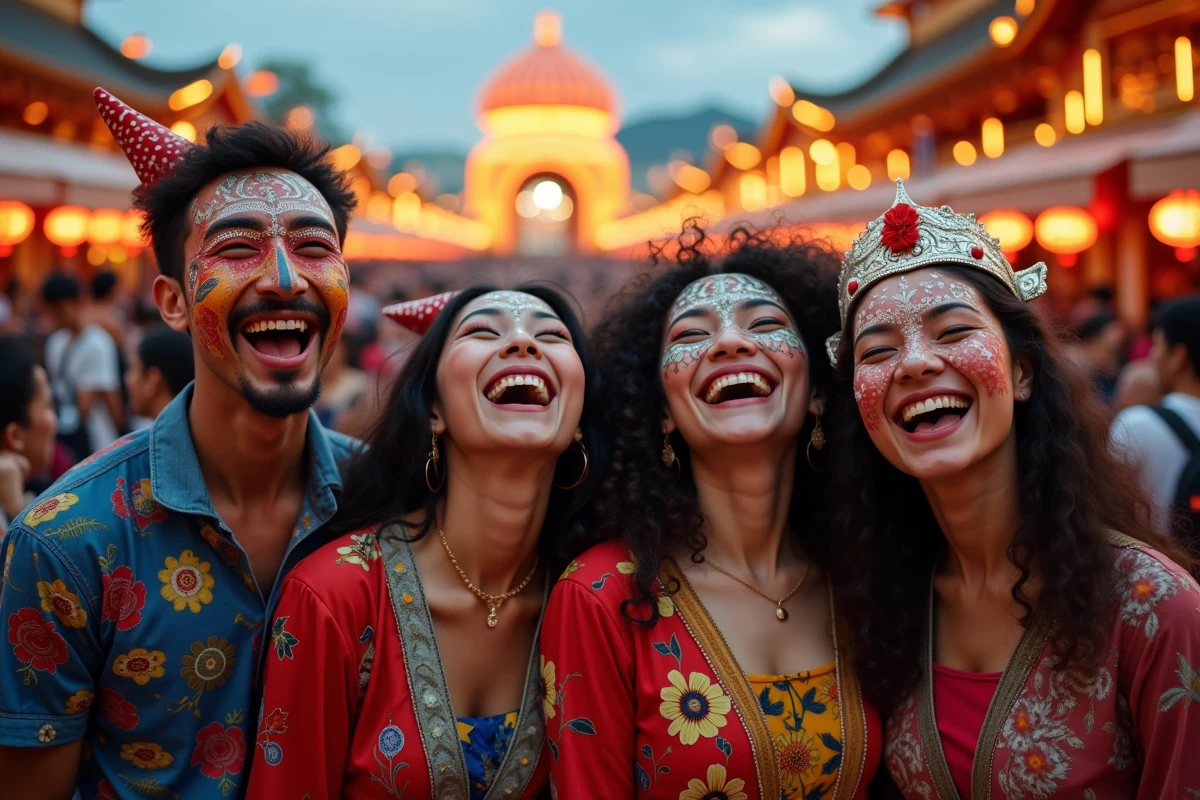 Portrait de groupe joyeux de fêtards adultes en costumes et masques brodés lors de la plus grande fête du monde