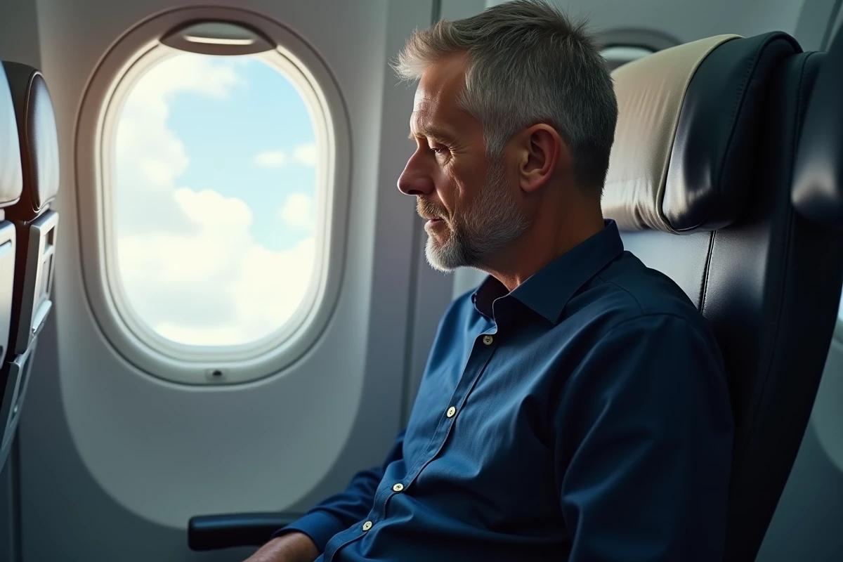 Homme adoptant une bonne posture assise dans un avion pour soulager la pression dans les oreilles