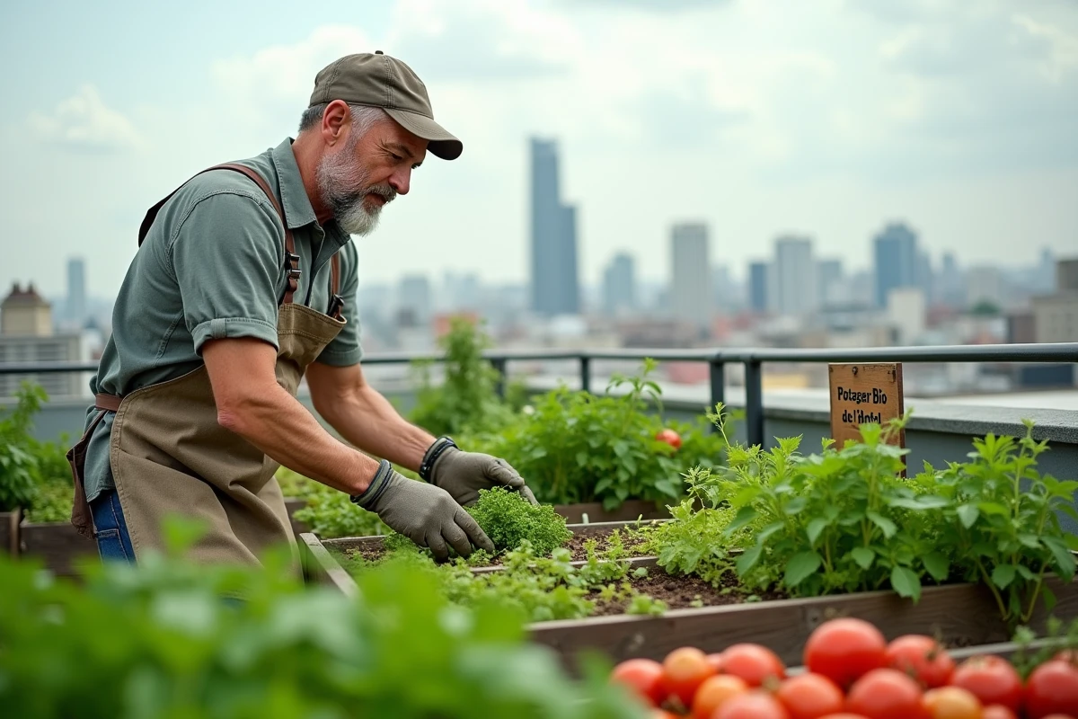 Jardinier entretenant le potager bio sur le toit d'un hôtel urbain éco-certifié avec vue sur la skyline de la ville