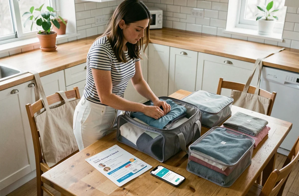 Jeune femme préparant son bagage à main Volotea avec des cubes de rangement avant un voyage