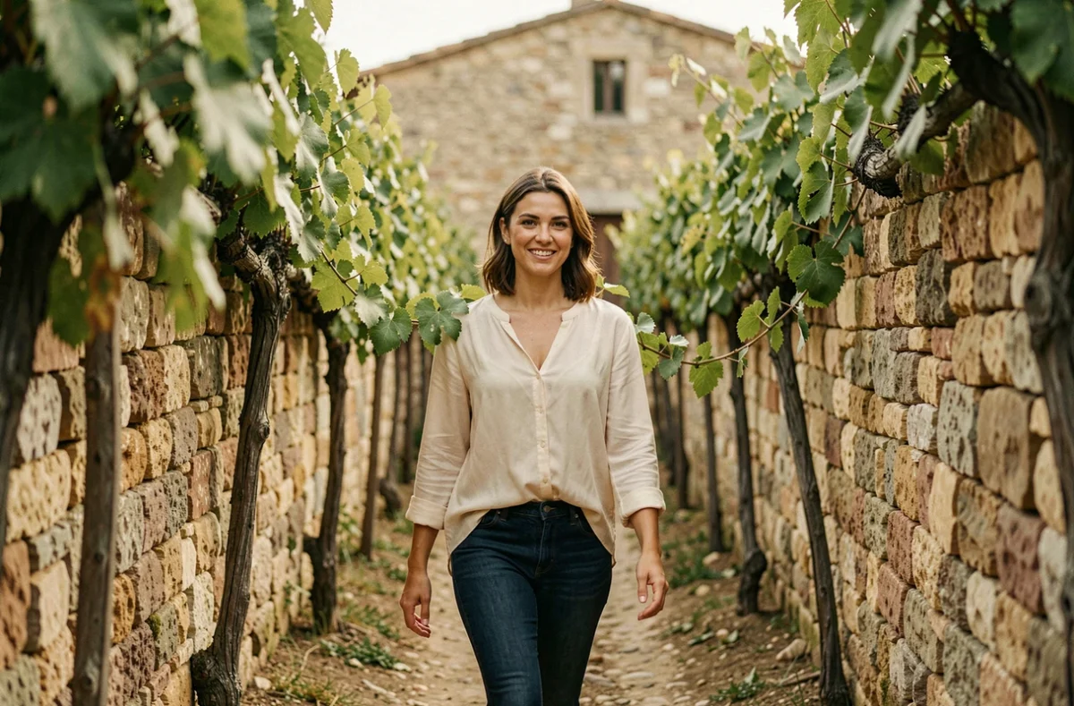 Femme se promenant dans un couloir de vignes du Vaucluse bordé de murs en pierre sèche avec une bastide provençale en fond