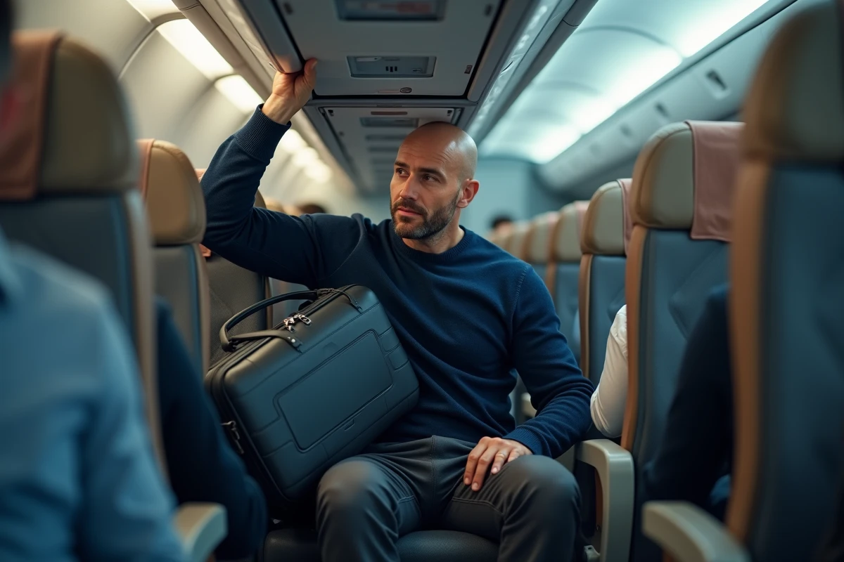 Homme rangeant un bagage cabine dans le compartiment supérieur d'un avion tout en tenant un petit bagage à main