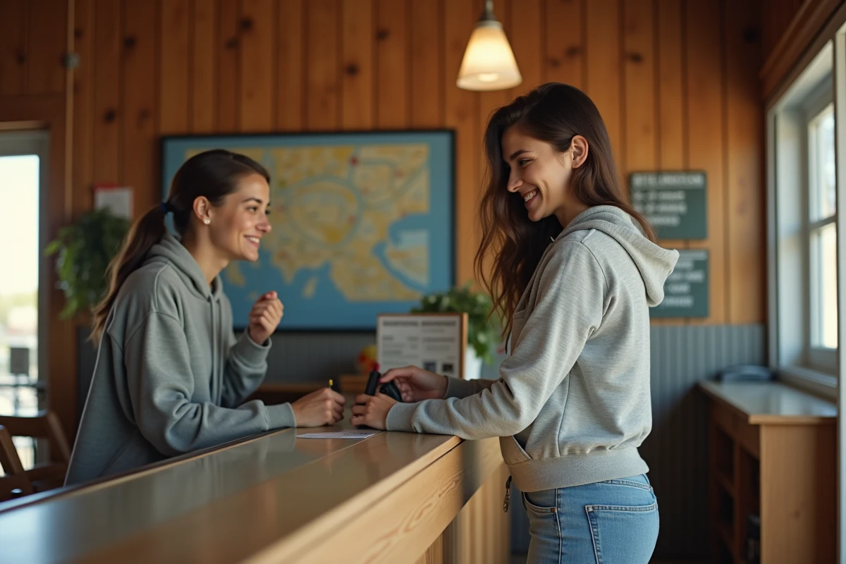 Voyageuse souriante en train de s'enregistrer à la réception d'un motel