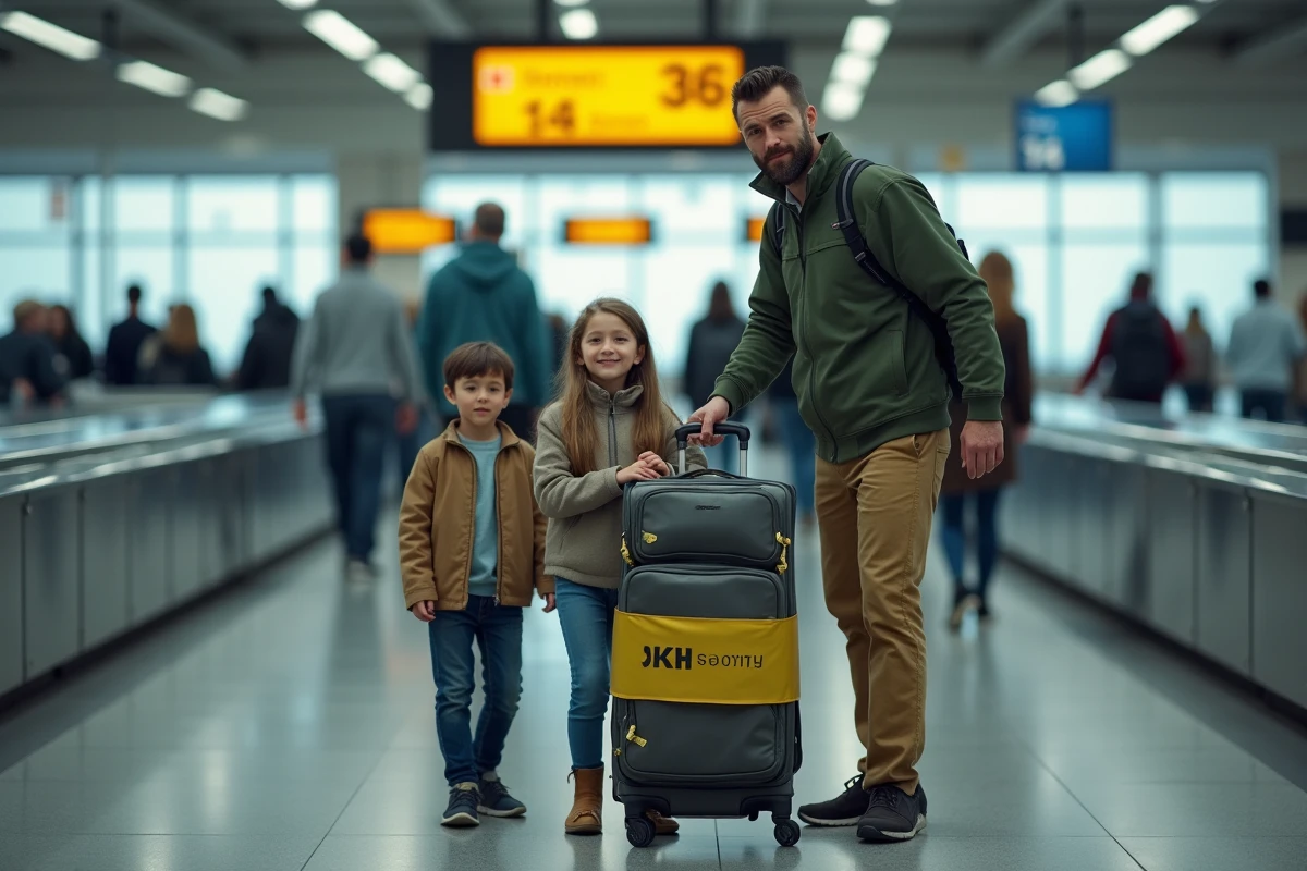 Père de famille récupérant les bagages en soute sur le tapis roulant de l'aéroport avec ses enfants