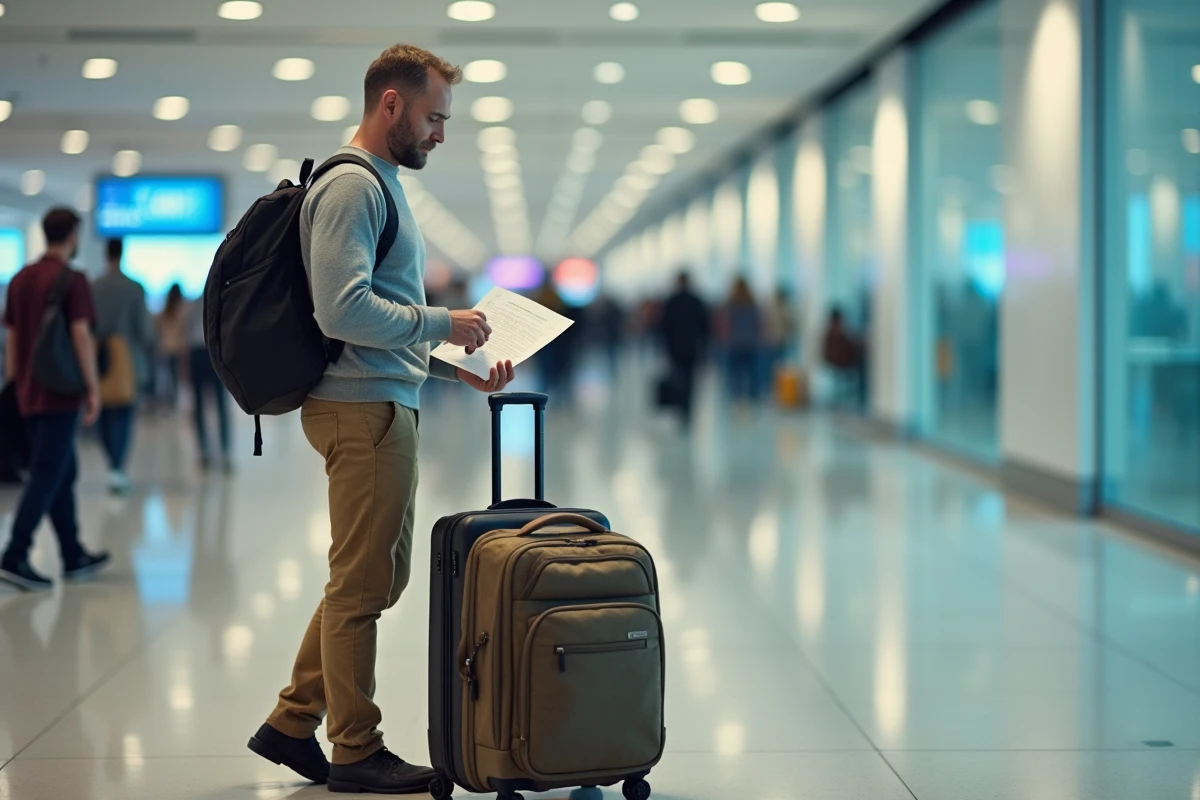 Voyageur consultant les règles de bagages en cabine avec valise et sac à dos devant un comptoir d'aéroport